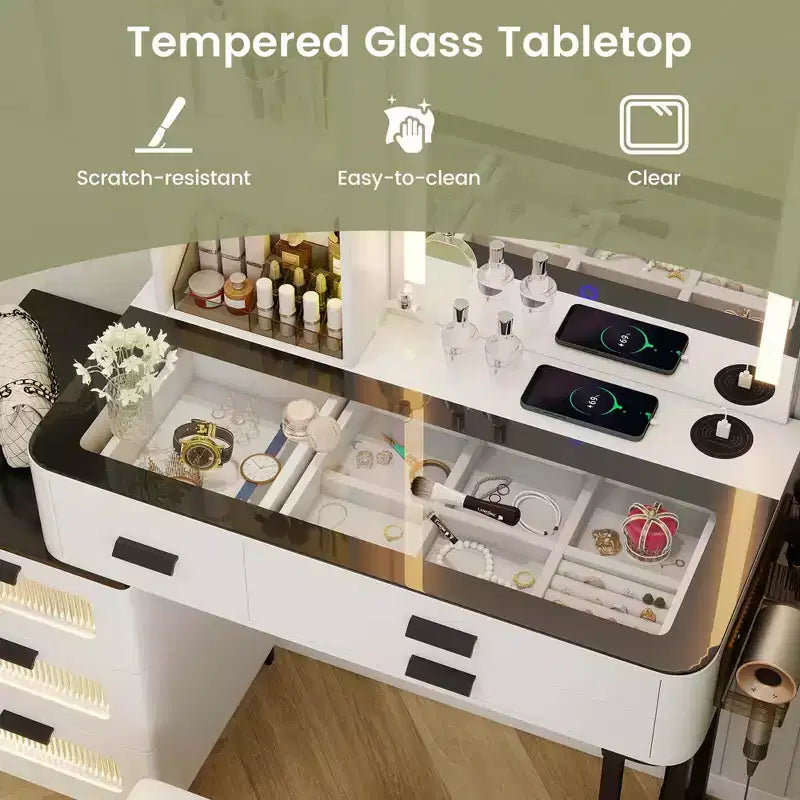Coiffeuse moderne Costway avec miroir et lumières, éclairage LED 3 couleurs et station de charge