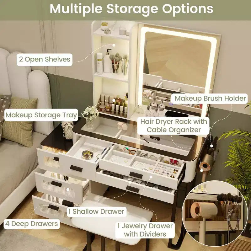 Coiffeuse moderne Costway avec miroir et lumières, éclairage LED 3 couleurs et station de charge