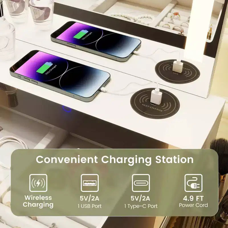 Coiffeuse moderne Costway avec miroir et lumières, éclairage LED 3 couleurs et station de charge