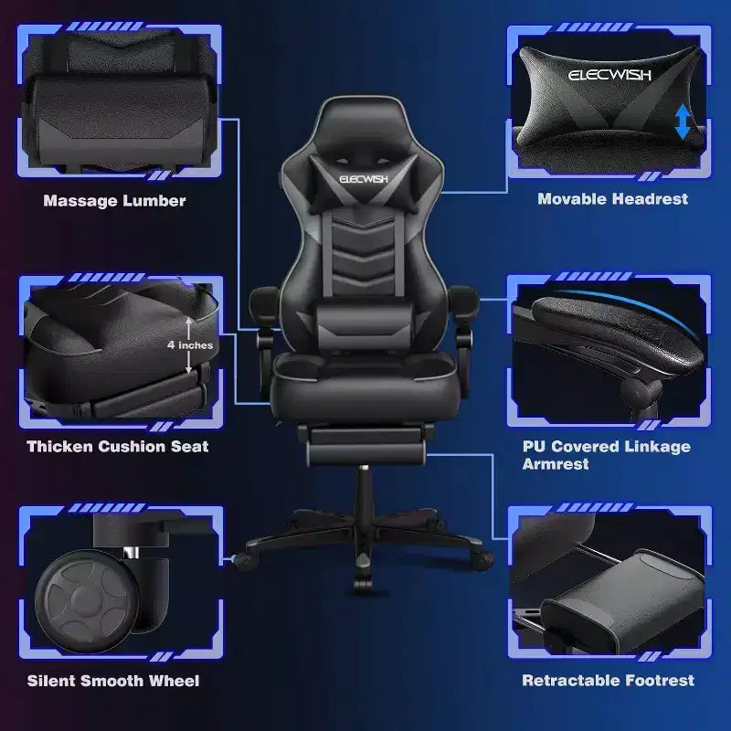 Chaise de Gaming ELECWISH avec Repose-pieds, Soutien Lombaire, Chaise d'Ordinateur Respirante avec Coussin à Ressorts Ensachés, Chaises pour Adultes