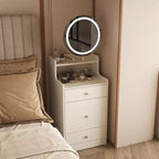 Coiffeuse 3 en 1 avec miroir de maquillage tactile, table de chevet et commode combinée avec station de charge, banc de rangement dissimulé et tabouret rembourré