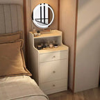 Coiffeuse 3 en 1 avec miroir de maquillage tactile, table de chevet et commode combinée avec station de charge, banc de rangement dissimulé et tabouret rembourré