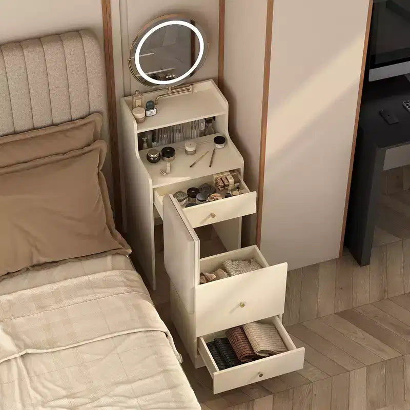 Coiffeuse 3 en 1 avec miroir de maquillage tactile, table de chevet et commode combinée avec station de charge, banc de rangement dissimulé et tabouret rembourré