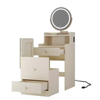 Coiffeuse 3 en 1 avec miroir de maquillage tactile, table de chevet et commode combinée avec station de charge, banc de rangement dissimulé et tabouret rembourré
