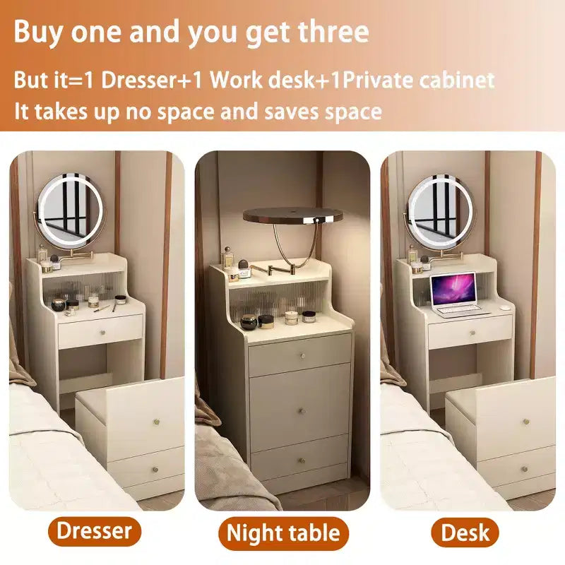 Coiffeuse 3 en 1 avec miroir de maquillage tactile, table de chevet et commode combinée avec station de charge, banc de rangement dissimulé et tabouret rembourré