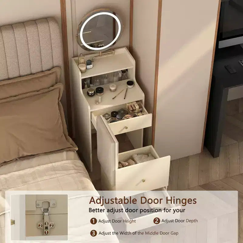 Coiffeuse 3 en 1 avec miroir de maquillage tactile, table de chevet et commode combinée avec station de charge, banc de rangement dissimulé et tabouret rembourré