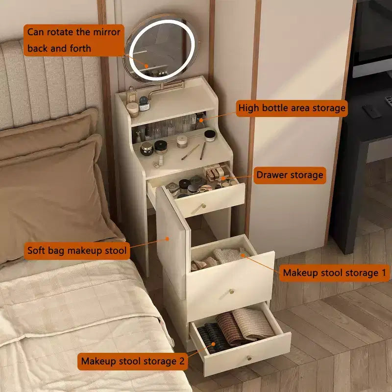 Coiffeuse 3 en 1 avec miroir de maquillage tactile, table de chevet et commode combinée avec station de charge, banc de rangement dissimulé et tabouret rembourré