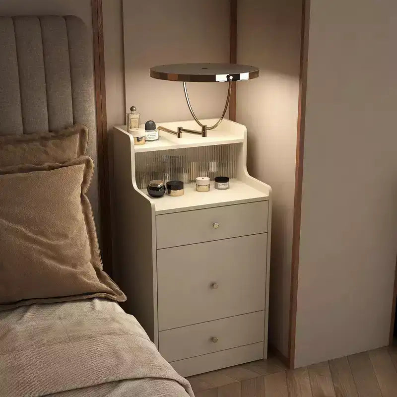 Coiffeuse 3 en 1 avec miroir de maquillage tactile, table de chevet et commode combinée avec station de charge, banc de rangement dissimulé et tabouret rembourré