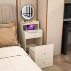 Coiffeuse 3 en 1 avec miroir de maquillage tactile, table de chevet et commode combinée avec station de charge, banc de rangement dissimulé et tabouret rembourré