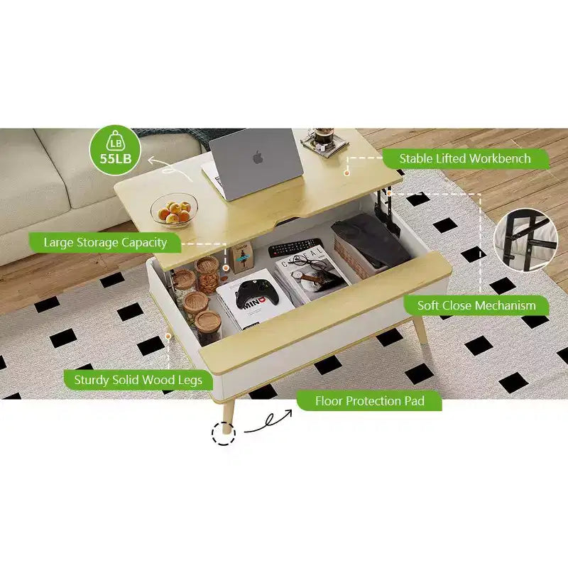 Table basse relevable en bois de 102 cm avec rangement caché - Tree City