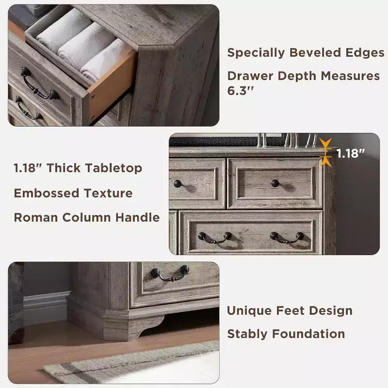 Commode de chambre à 7 tiroirs (54 po), design vintage, large, en bois rustique, pour salon, couloir