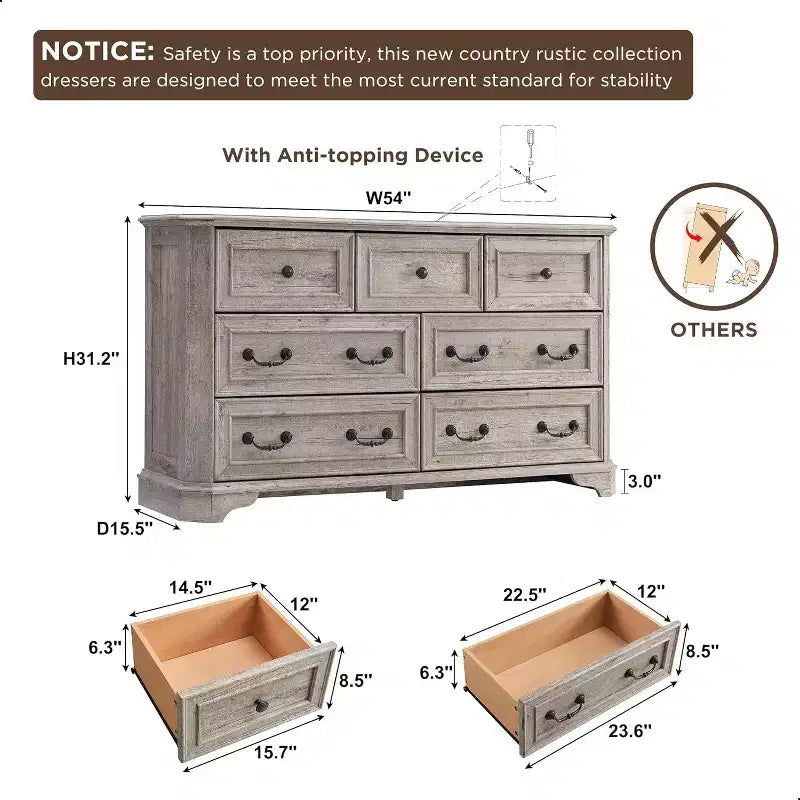 Commode de chambre à 7 tiroirs (54 po), design vintage, large, en bois rustique, pour salon, couloir