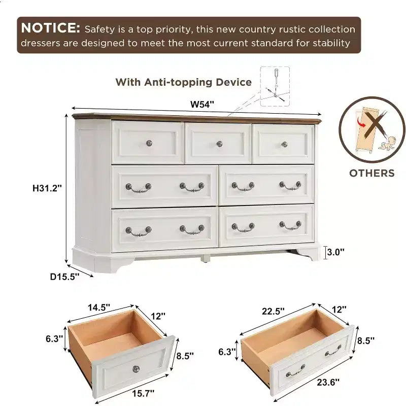 Commode de chambre à 7 tiroirs (54 po), design vintage, large, en bois rustique, pour salon, couloir