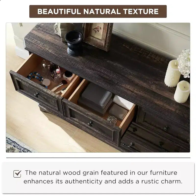 Commode de chambre à 7 tiroirs (54 po), design vintage, large, en bois rustique, pour salon, couloir