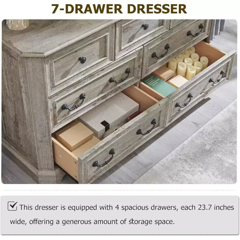 Commode de chambre à 7 tiroirs (54 po), design vintage, large, en bois rustique, pour salon, couloir