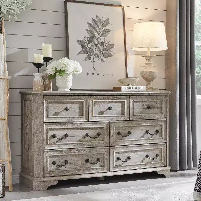 Commode de chambre à 7 tiroirs (54 po), design vintage, large, en bois rustique, pour salon, couloir