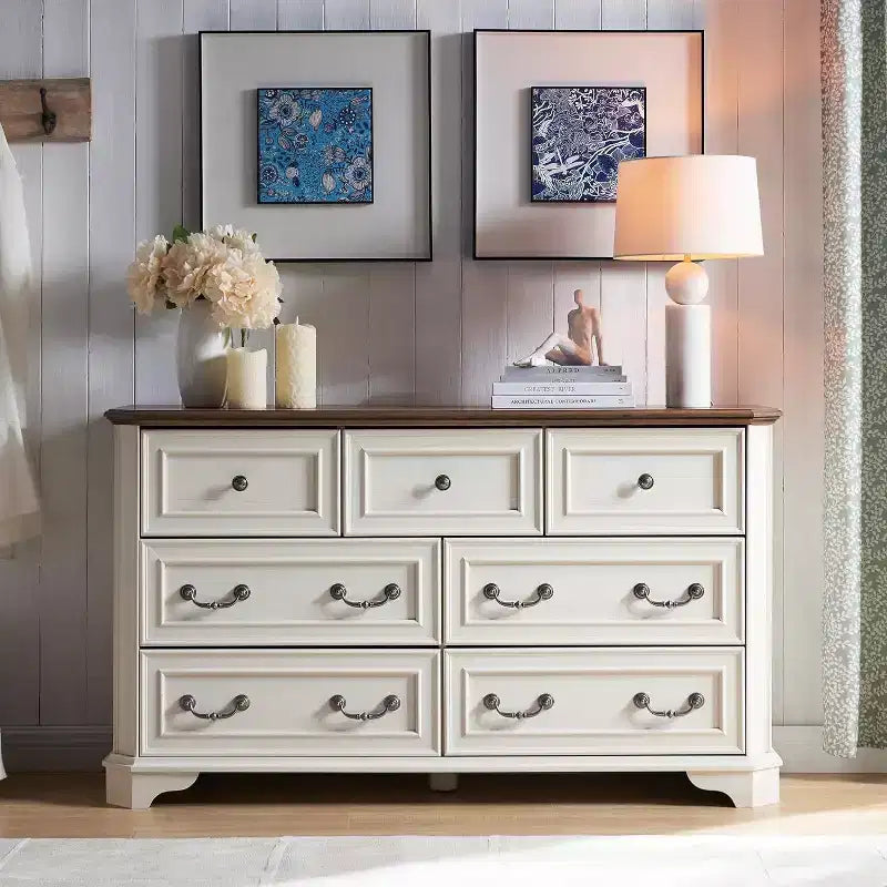 Commode de chambre à 7 tiroirs (54 po), design vintage, large, en bois rustique, pour salon, couloir