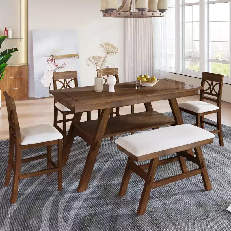 Ensemble de table à manger Whisen Rustic 6 pièces à hauteur de comptoir avec banc et 4 chaises rembourrées