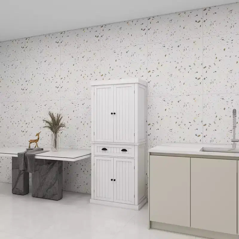 AndMakers Armoire de cuisine en bois blanc 76 cm avec portes, tiroirs et étagères réglables