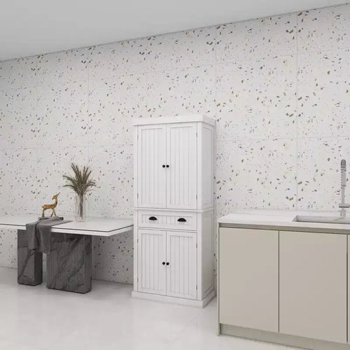 AndMakers Armoire de cuisine en bois blanc 76 cm avec portes, tiroirs et étagères réglables