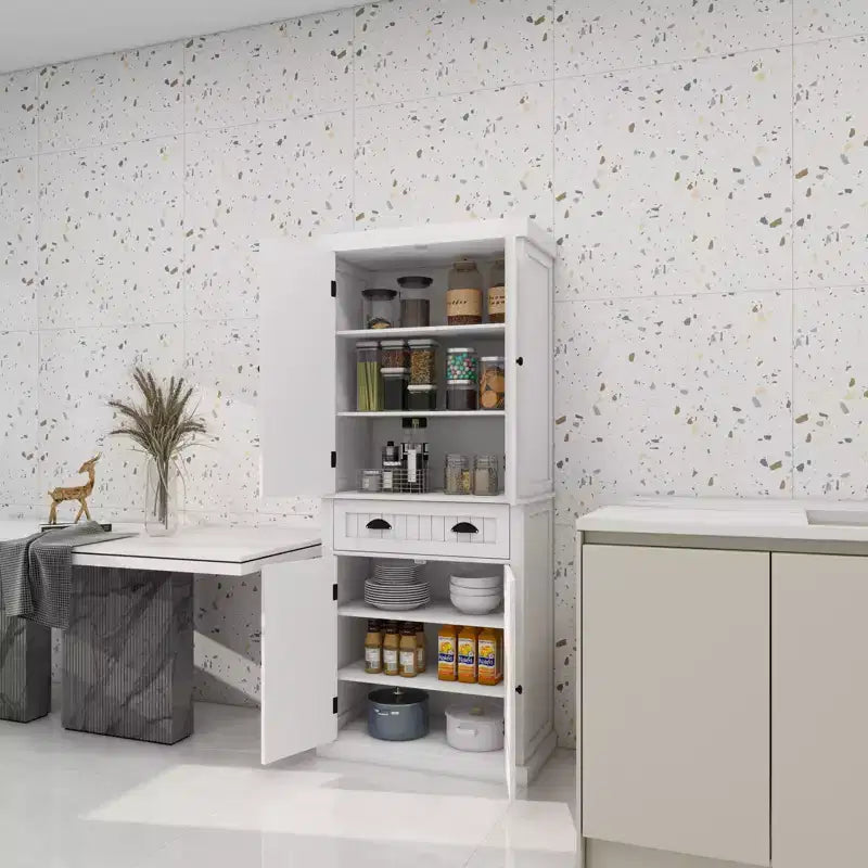 AndMakers Armoire de cuisine en bois blanc 76 cm avec portes, tiroirs et étagères réglables