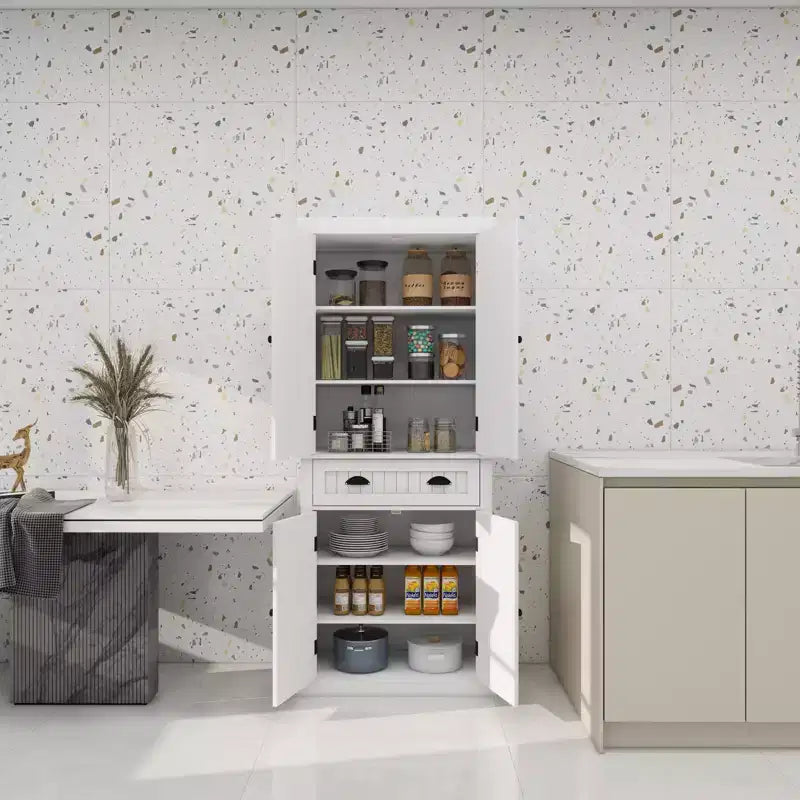 AndMakers Armoire de cuisine en bois blanc 76 cm avec portes, tiroirs et étagères réglables