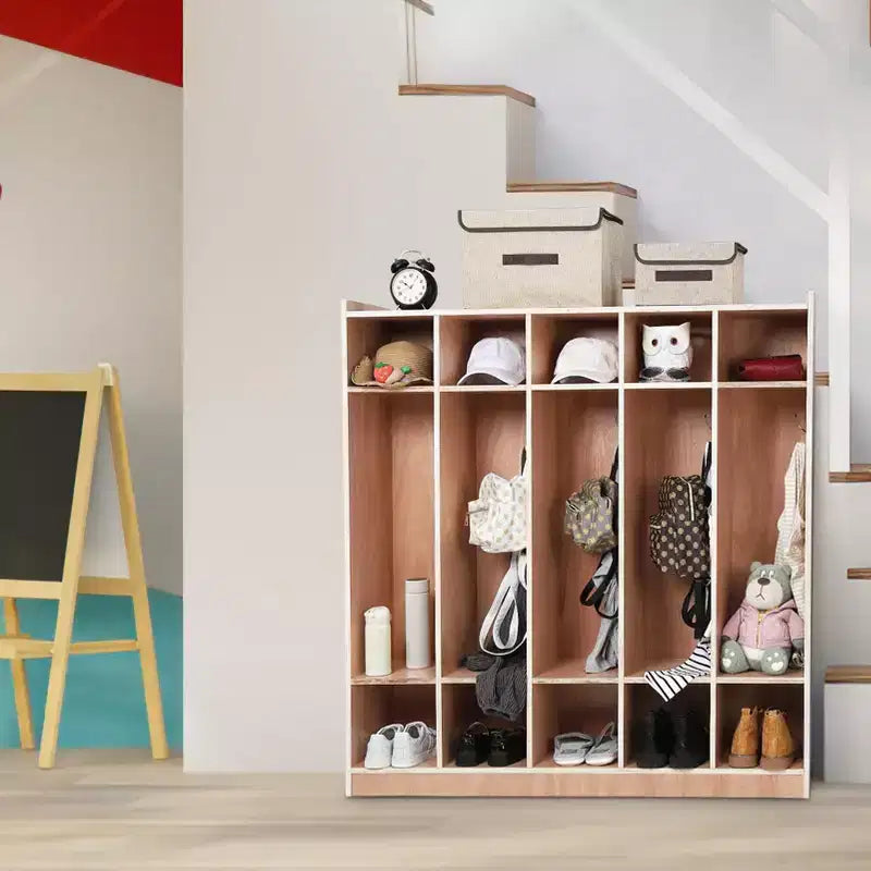 Vestiaire de classe à 5 sections avec finition émaillée, 10 compartiments pour salles de classe, rangement de crèche avec 4 roulettes, 5 crochets et 2 boîtes de rangement
