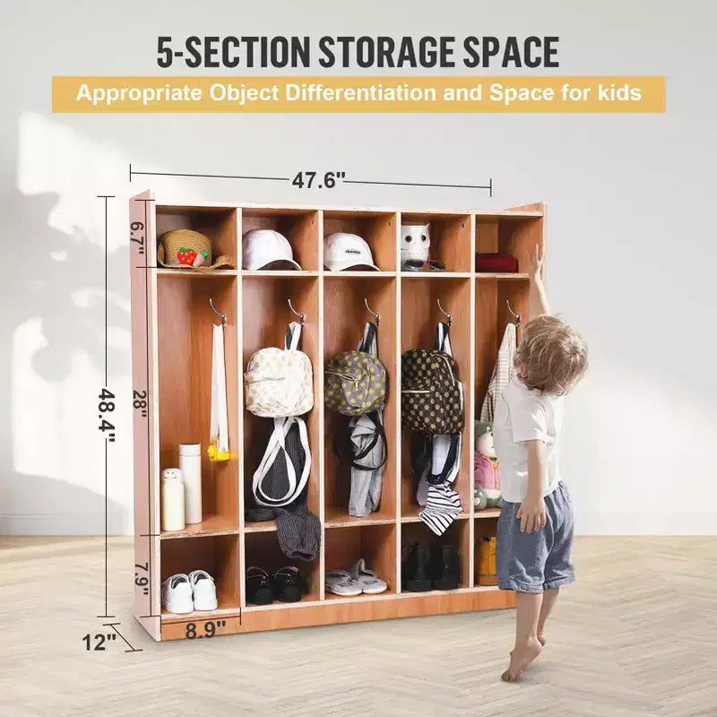 Vestiaire de classe à 5 sections avec finition émaillée, 10 compartiments pour salles de classe, rangement de crèche avec 4 roulettes, 5 crochets et 2 boîtes de rangement