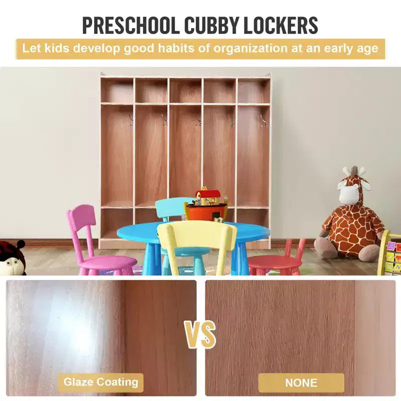 Vestiaire de classe à 5 sections avec finition émaillée, 10 compartiments pour salles de classe, rangement de crèche avec 4 roulettes, 5 crochets et 2 boîtes de rangement