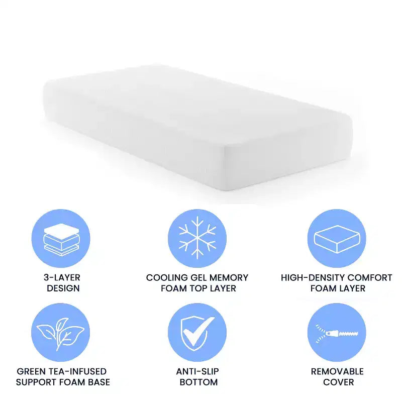 Matelas en mousse à mémoire de forme 3 couches Emma and Oliver en boîte avec infusion de thé vert, gel rafraîchissant, mousse certifiée CertiPUR-US et housse lavable