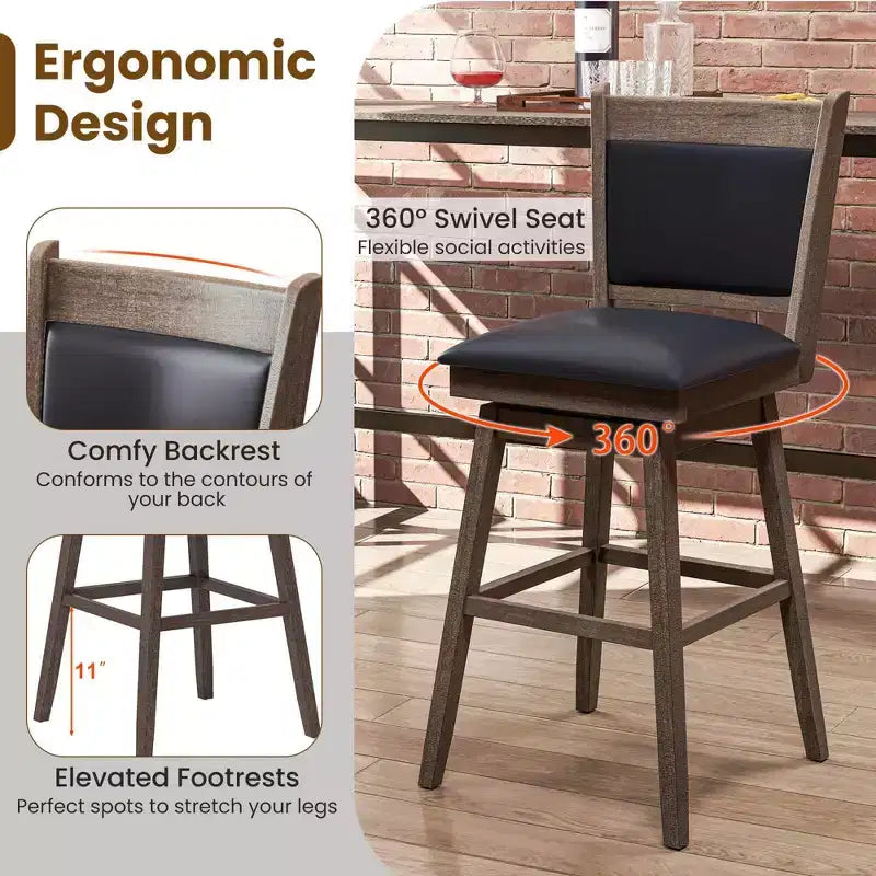 Costway Lot de 2 tabourets de bar pivotants de 73,66 cm avec dossier, pieds en bois de caoutchouc et repose-pieds robustes