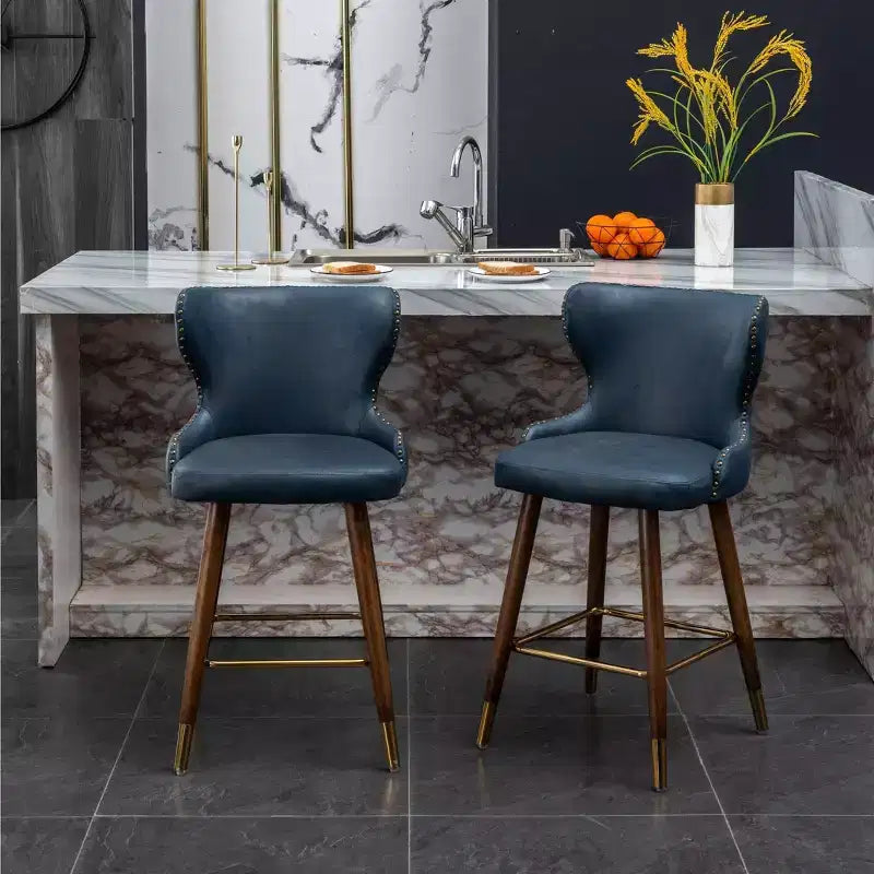 Tabouret de comptoir Roundhill Furniture Nevis, moderne du milieu du siècle, en similicuir touffeté avec garniture cloutée, bleu, lot de 2