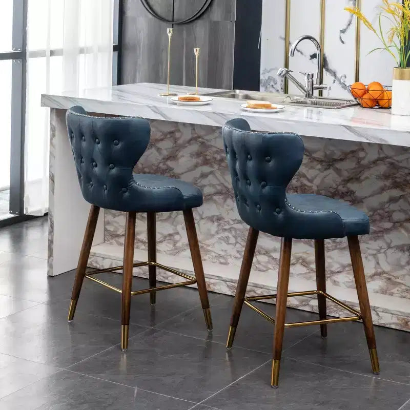 Tabouret de comptoir Roundhill Furniture Nevis, moderne du milieu du siècle, en similicuir touffeté avec garniture cloutée, bleu, lot de 2