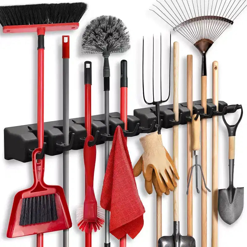 2 Pk Mop and Broom Holder Wall Mount - 5 Slots, 6 Hooks, 7.5lbs Capacity for Garage, Home, Kitchen, Closet, Laundry Room Organization Black Homeitusa