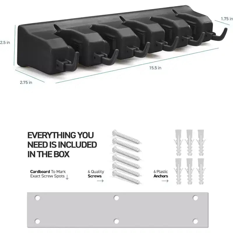 Lot de 2 supports muraux pour balais et serpillères – 5 fentes, 6 crochets, capacité de 3,4 kg pour garage, maison, cuisine, placard, buanderie, organisation, noir Homeitusa