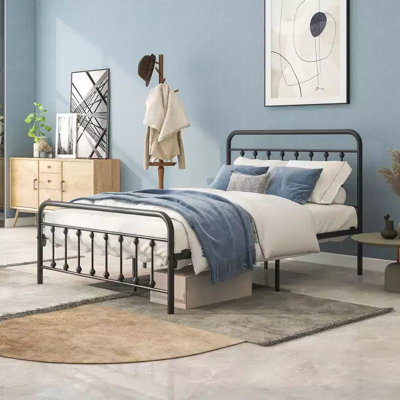 Queen/Full/Twin Size Metal Platform Bed Frame with Vintage Headboard and Slat Support, Black -ModernLuxe