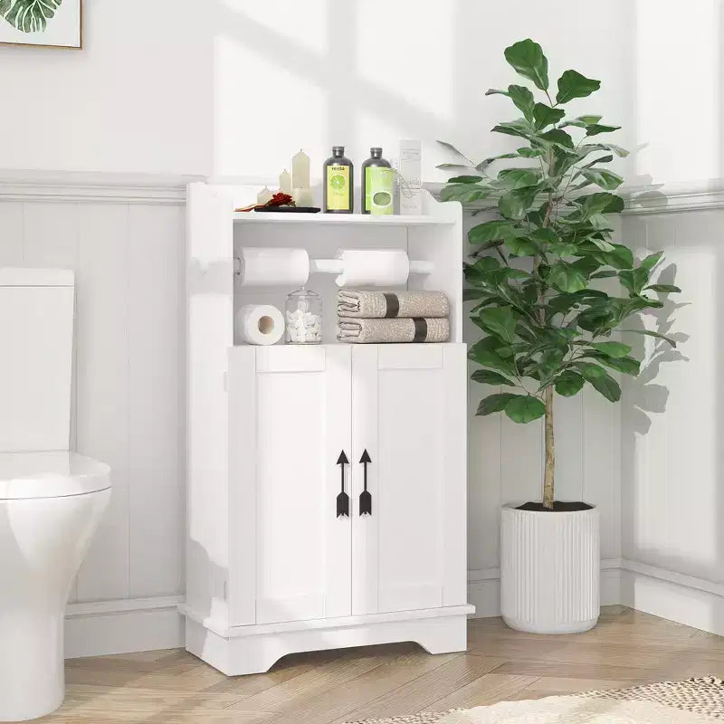 VECELO Bathroom Storage Cabinet Wooden Floor Cabinet with 2 Doors & Roll Toilet Paper Holder, Adjustable Shelf, White