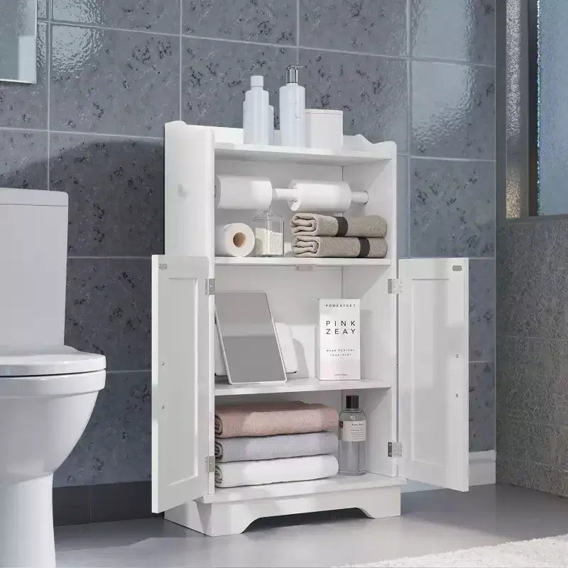 Meuble de rangement de salle de bain VECELO, meuble bas en bois avec 2 portes et porte-rouleau de papier toilette, étagère réglable, blanc