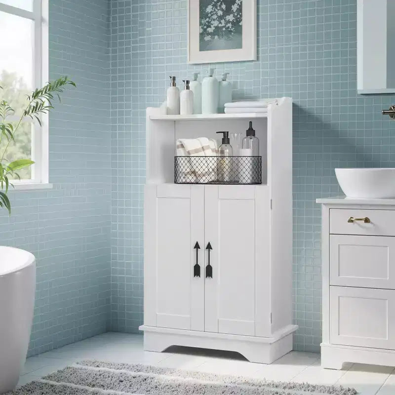 Meuble de rangement de salle de bain VECELO, meuble bas en bois avec 2 portes et porte-rouleau de papier toilette, étagère réglable, blanc