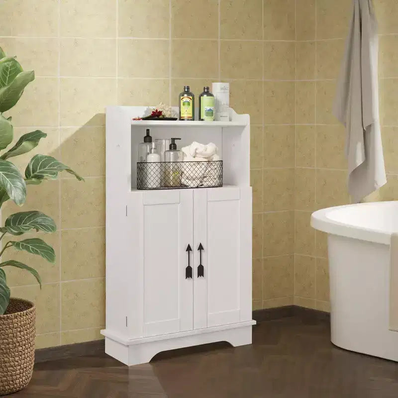 Meuble de rangement de salle de bain VECELO, meuble bas en bois avec 2 portes et porte-rouleau de papier toilette, étagère réglable, blanc