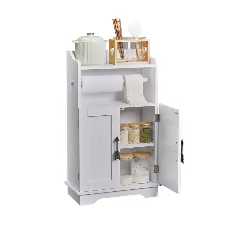 Meuble de rangement de salle de bain VECELO, meuble bas en bois avec 2 portes et porte-rouleau de papier toilette, étagère réglable, blanc