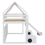 Lit mezzanine double/grand format avec cadre en forme de maison, tente et étagères de rangement, naturel/blanc-ModernLuxe