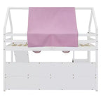 Lit mezzanine double/grand format avec cadre en forme de maison, tente et étagères de rangement, naturel/blanc-ModernLuxe