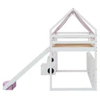 Lit mezzanine double/grand format avec cadre en forme de maison, tente et étagères de rangement, naturel/blanc-ModernLuxe