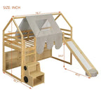Lit mezzanine double/grand format avec cadre en forme de maison, tente et étagères de rangement, naturel/blanc-ModernLuxe