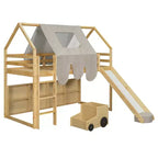 Lit mezzanine double/grand format avec cadre en forme de maison, tente et étagères de rangement, naturel/blanc-ModernLuxe