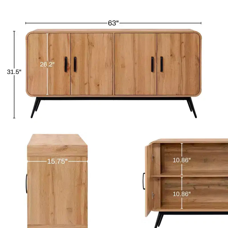 LuxenHome Buffet à 4 Portes avec Fermeture Amortie, Meuble de Rangement Large de 63 Pouces avec Pieds en Métal Noir