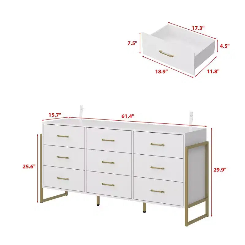 Commode Hitow moderne à 9 tiroirs, design avec cadre en métal