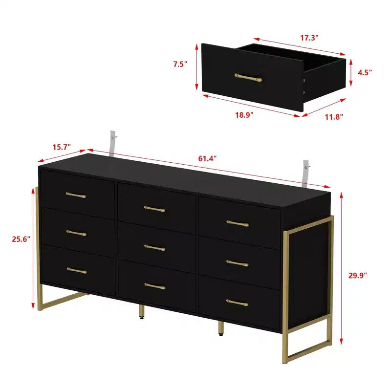 Commode Hitow moderne à 9 tiroirs, design avec cadre en métal