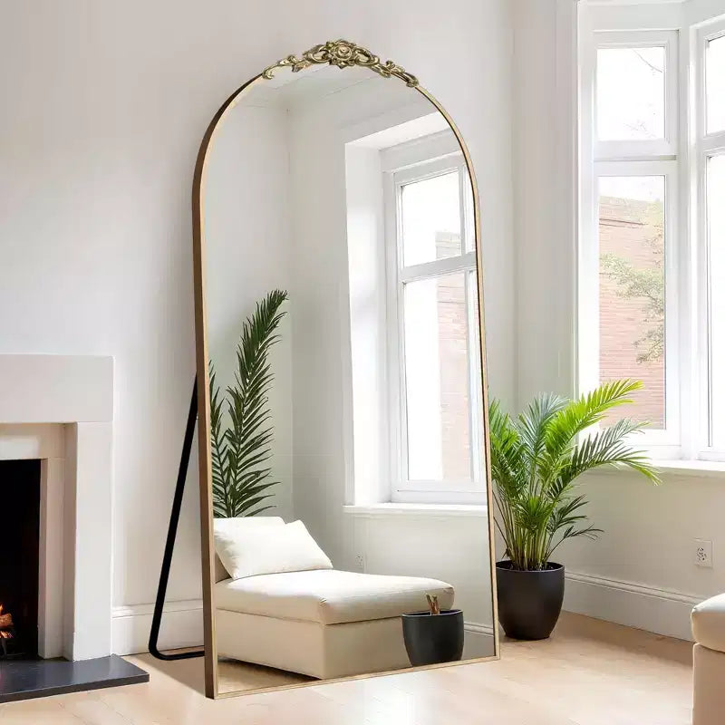 Miroir pleine longueur arqué doré PexFix 71x38 avec cadre en alliage d'aluminium à bords fins et angles droits